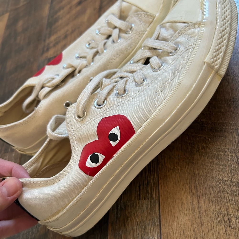 Converse CDG Cream Sneakers with Red Heart